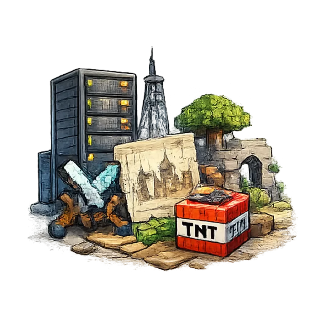 Dibujo de un servidor, un mapa, árbol, puente y dinamita de Minecraft