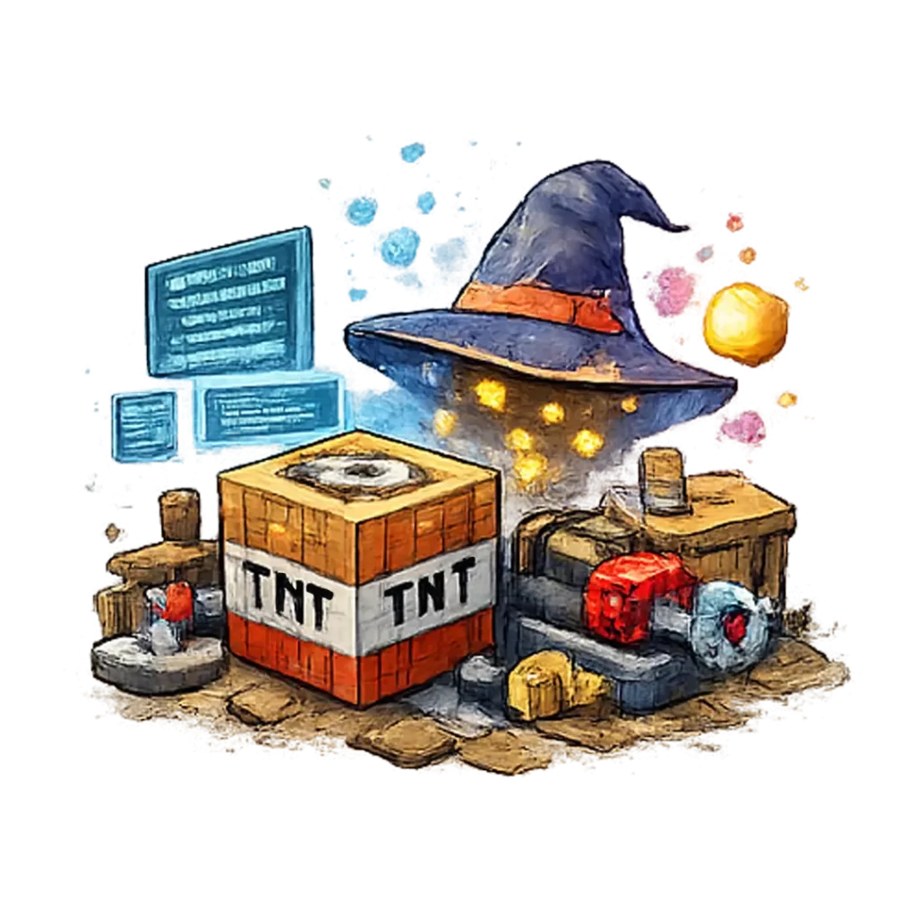 Dibujo de elementos mágicos en Minecraft, gorra de bruja, dinamita y pantallas con partículas