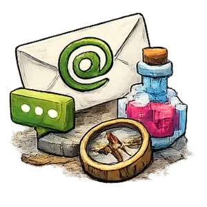 Dibujo de carta, brújula, poción y bocadillo de mensaje estilo Minecraft